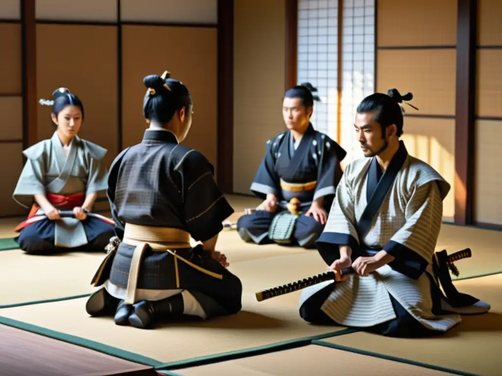 Grupo de samuráis participando en una ceremonia del té durante la Restauración Meiji, destacando la solemnidad y respeto de la cultura samurái