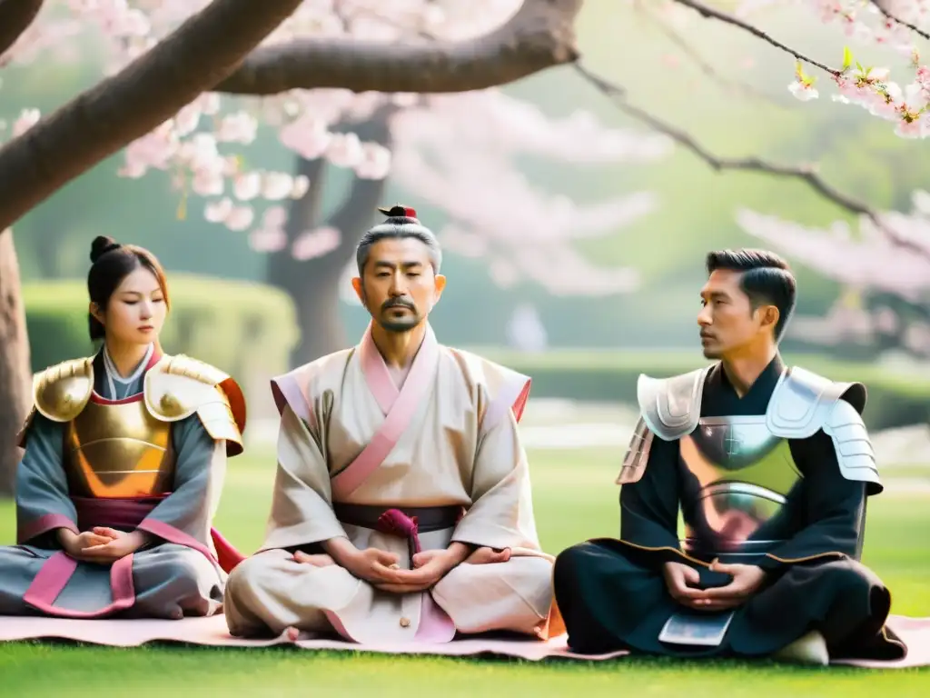 Un grupo de samuráis en meditación bajo un cerezo en flor, iluminados por la suave luz del sol