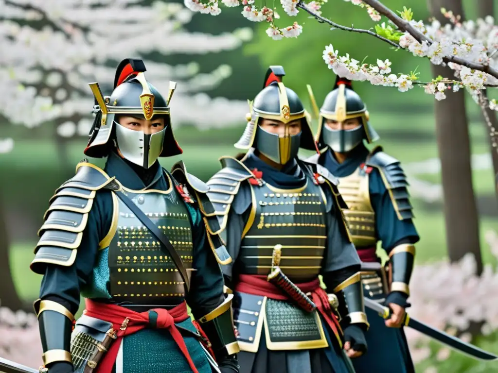 Samuráis del clan Seiwa Genji en un bosque de cerezos Un grupo de samuráis del clan Seiwa Genji en un bosque neblinoso con cerezos en flor