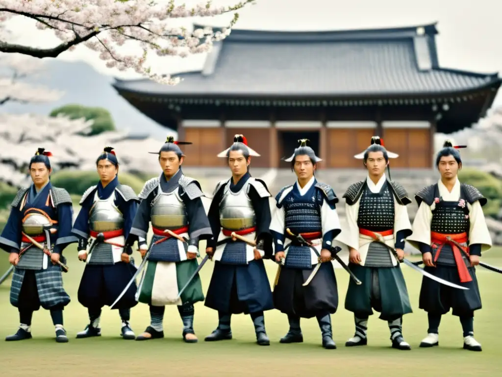 Grupo de samuráis del clan Satsuma, con armaduras y katanas, frente a un castillo japonés rodeado de cerezos en flor