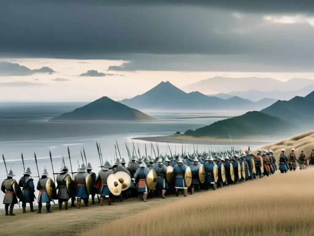 Grupo de samuráis en la colina, preparándose para la defensa contra las invasiones mongolas