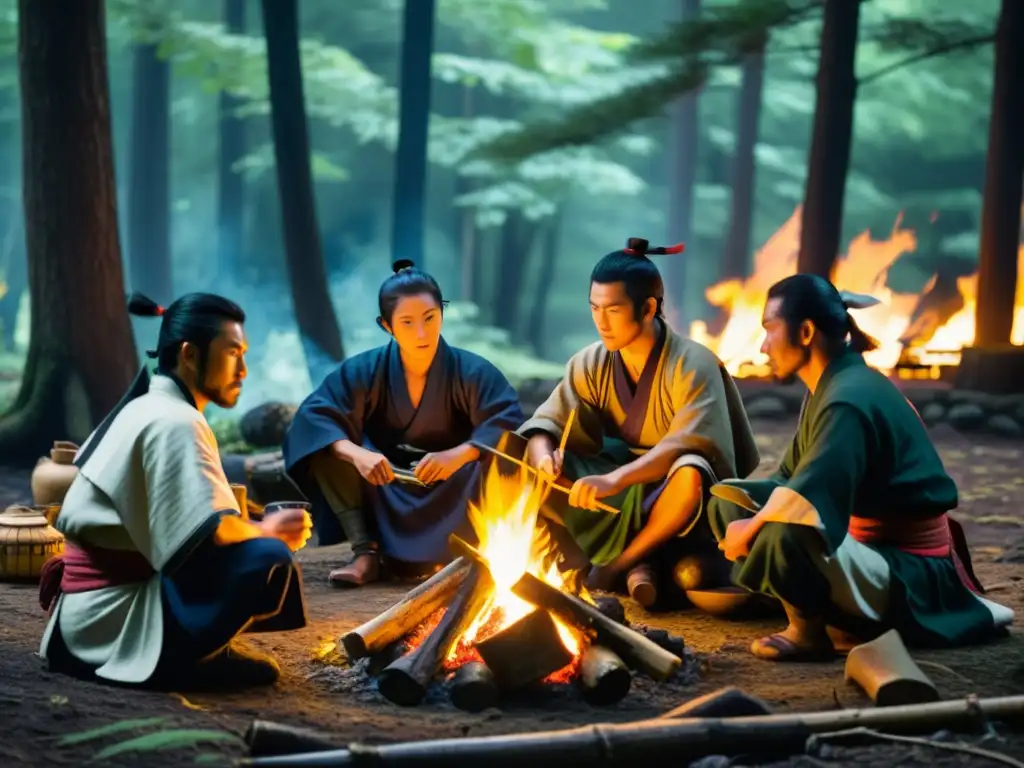 Grupo de samuráis preparando una comida tradicional en el bosque, demostrando técnicas de supervivencia samurai con camaradería y determinación