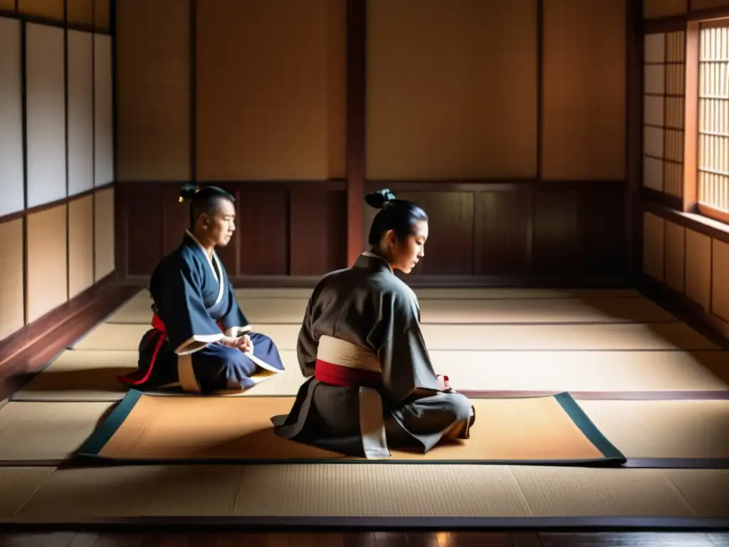 Un grupo de samuráis concentrados en una partida de Go en un dojo tradicional