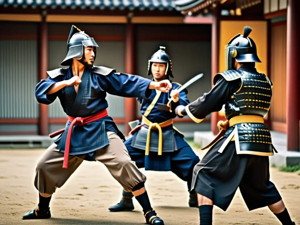 Un grupo de samuráis contemporáneos practican artes marciales en armaduras tradicionales, destacando su legado visual