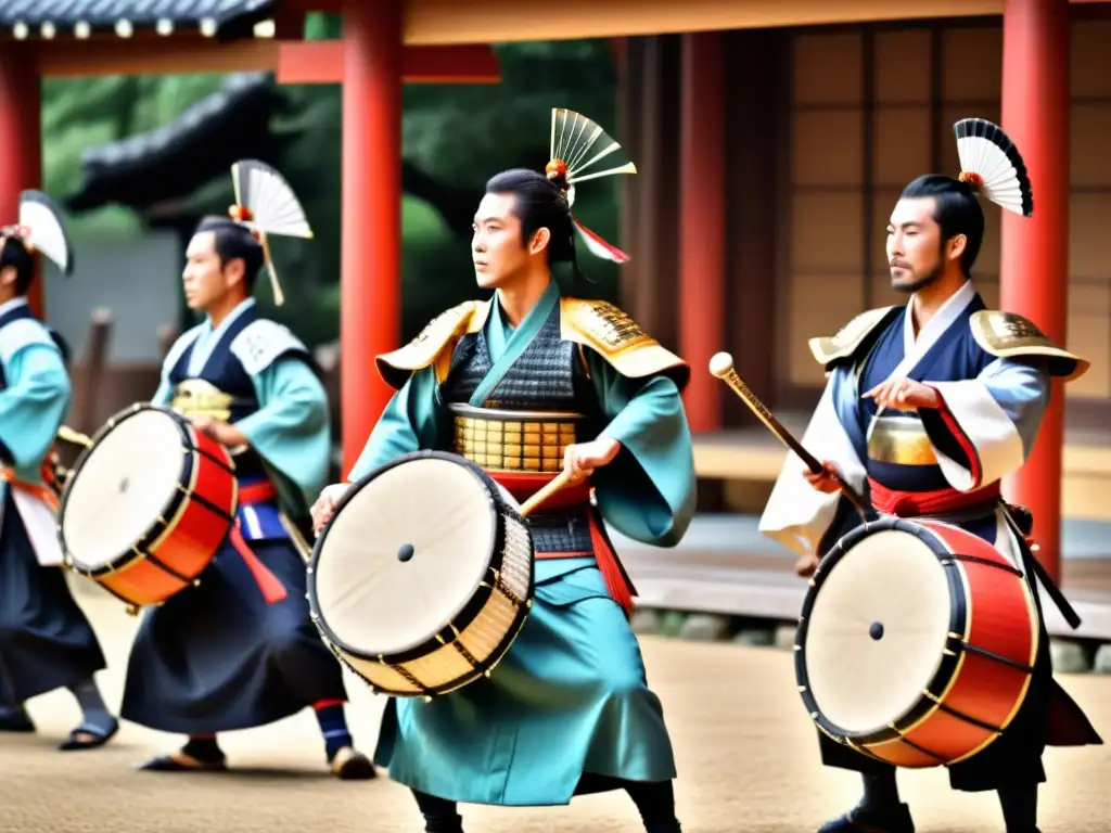 Grupo de samuráis realizando una danza tradicional al ritmo de música japonesa con shamisen y tambores taiko