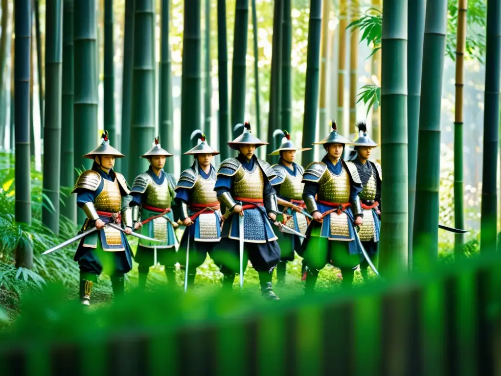 Un grupo de samuráis en un denso bosque de bambú, con armaduras y katanas