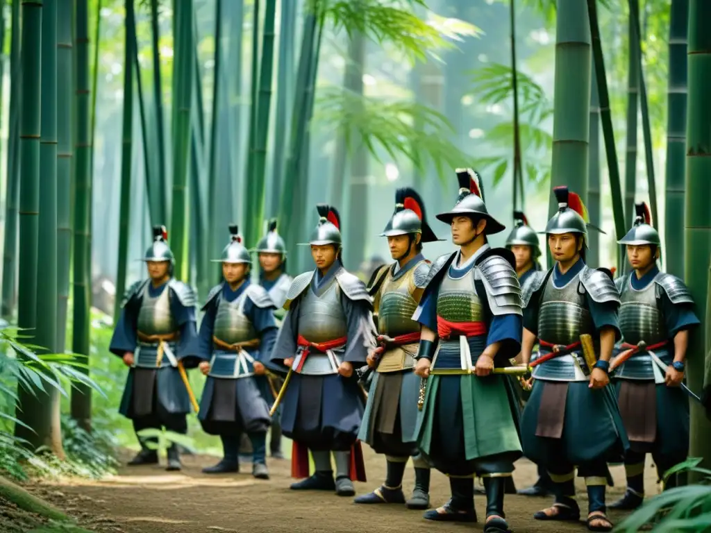 Grupo de samuráis en el denso bosque de bambú, recibiendo tácticas de guerra psicológica del sensei