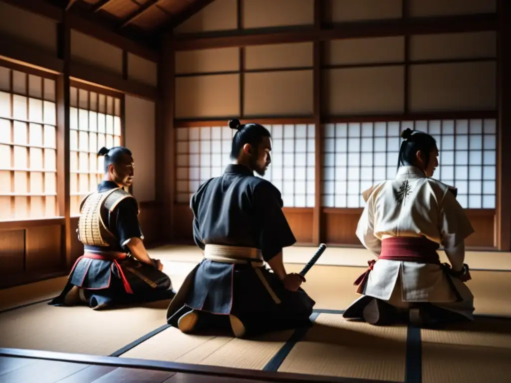 Grupo de samuráis entrenando con disciplina en un dojo tradicional, lleno de aura de la sociedad samurái y sus ceremonias y rituales