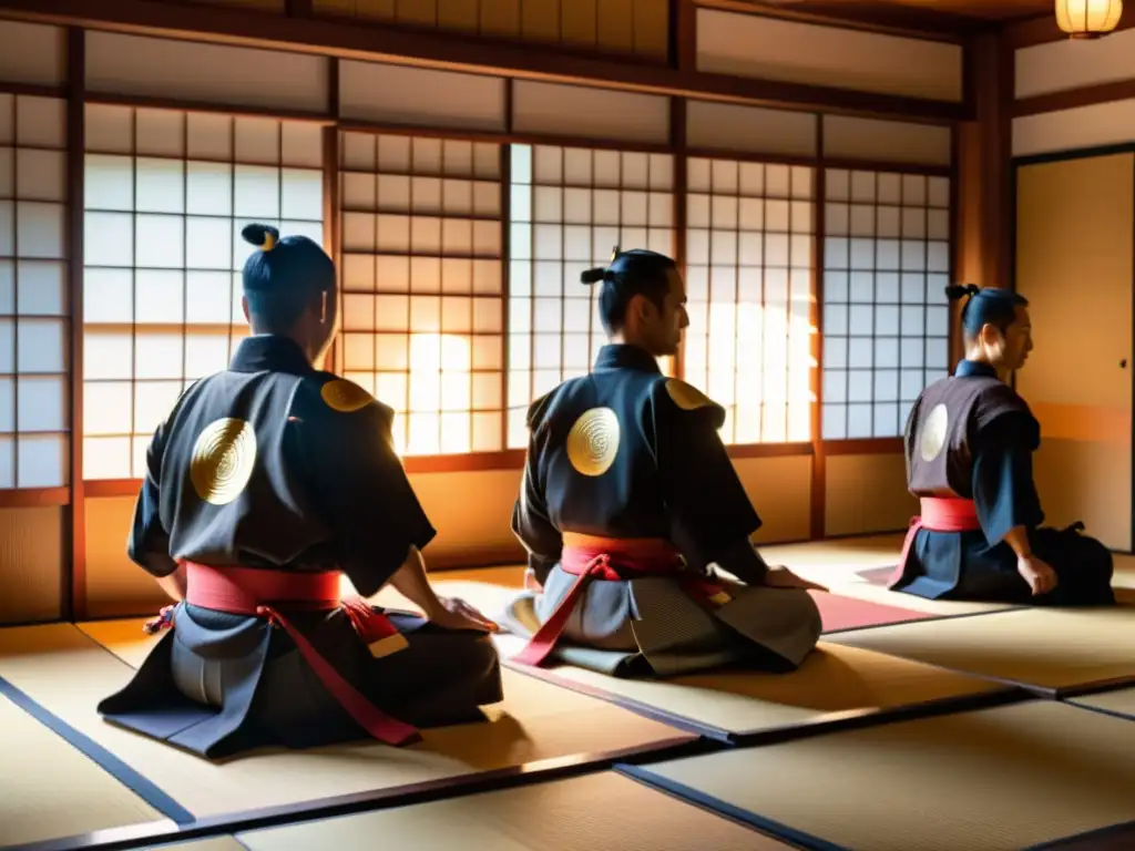 Un grupo de samuráis medita con disciplina mental en un dojo japonés, irradiando serenidad y concentración