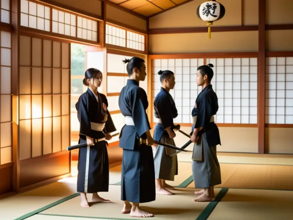 Grupo de jóvenes samuráis entrenando en un dojo tradicional, capturando la esencia del bushido y el entrenamiento disciplinado