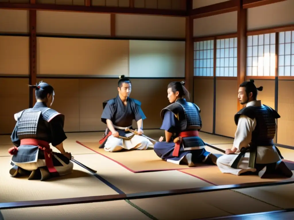 Un grupo de samuráis en un dojo tradicional, con armaduras relucientes, portando diversas armas y mostrando disciplina y honor