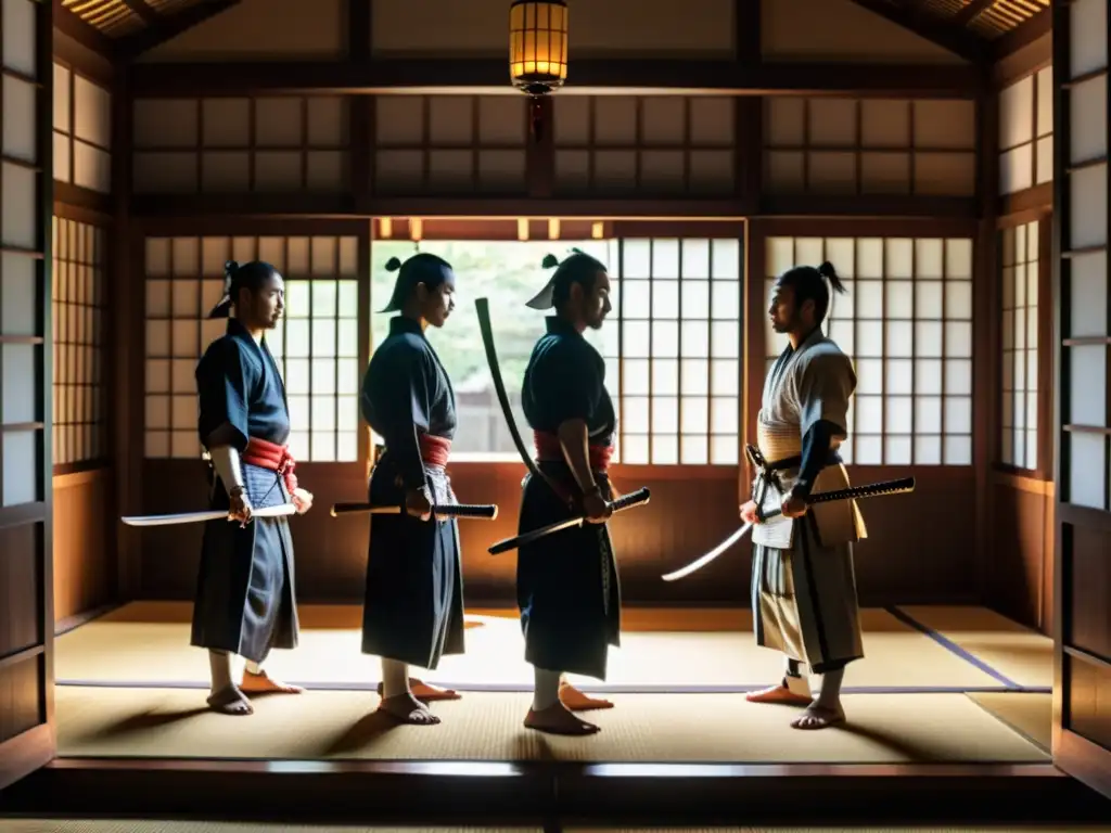 Un grupo de samuráis en un dojo tradicional japonés, discutiendo solemnemente bajo la luz tenue