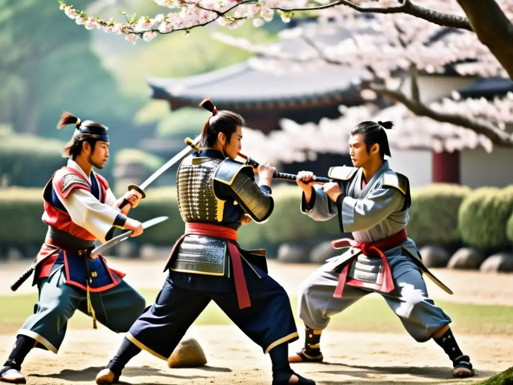 Grupo de samuráis entrenando en un dojo tradicional, mostrando su disciplina en el arte de la espada