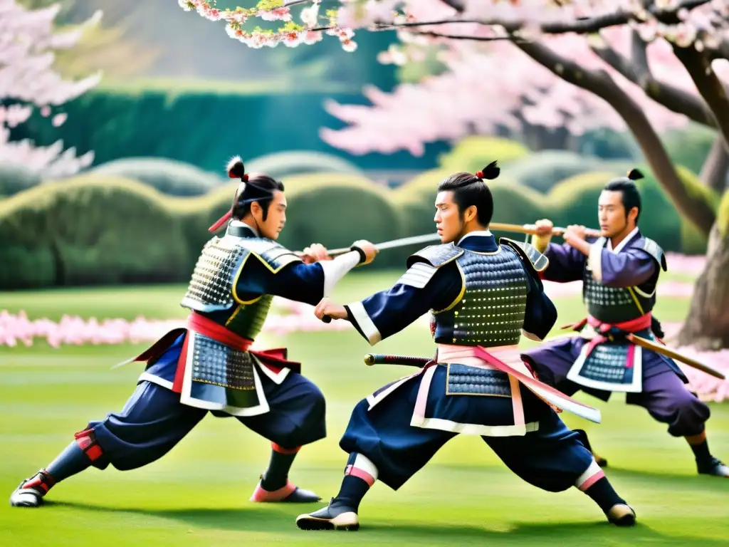 Un grupo de samuráis practican entrenamiento físico en un jardín de cerezos, mostrando disciplina y determinación