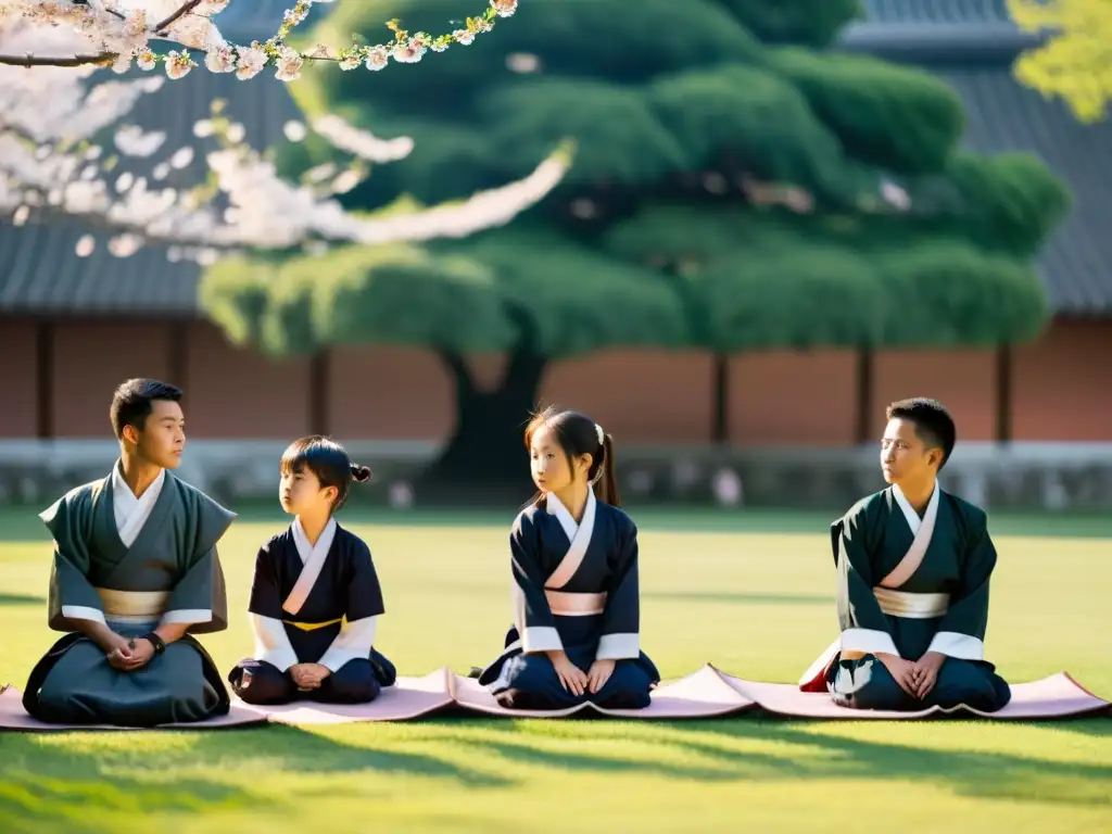 Grupo de jóvenes samuráis en entrenamiento tradicional, observados por jesuitas en un patio soleado y sereno con cerezos en flor