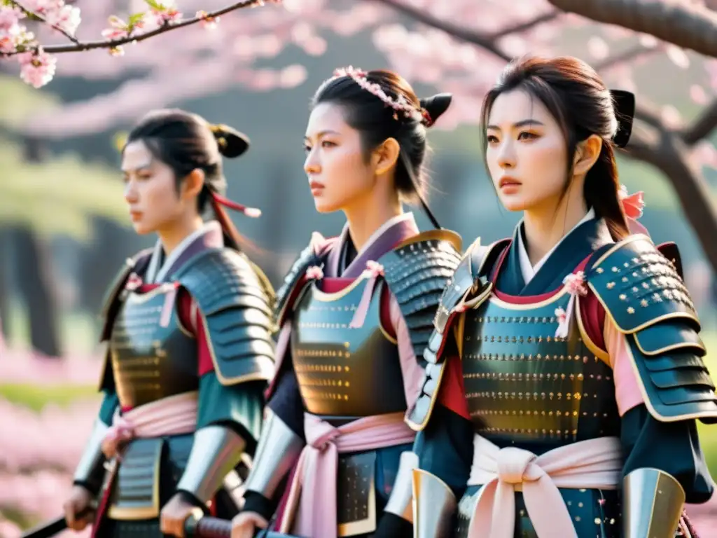 Un grupo de samuráis femeninas en armadura tradicional entre cerezos en flor, con katanas únicas