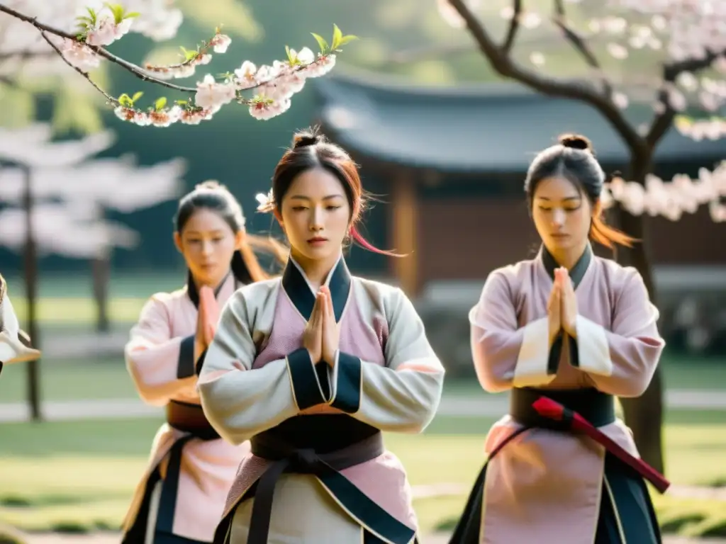 Grupo de samuráis femeninas practicando artes marciales en un jardín con cerezos en flor