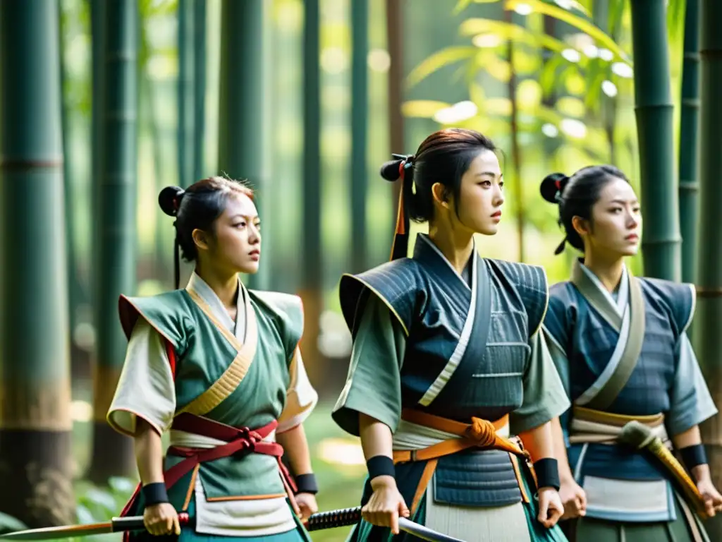 Grupo de samuráis femeninas practicando artes marciales en un bosque de bambú, reflejando la espiritualidad femenina en la cultura samurái