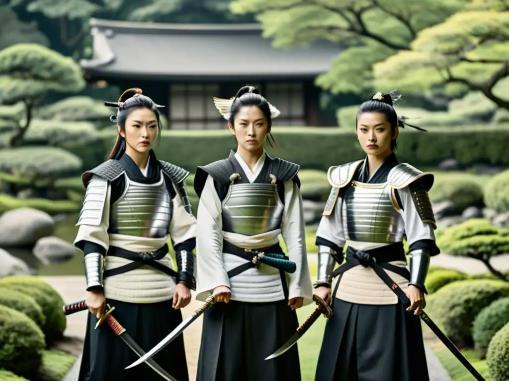 Grupo de samuráis femeninas desafiantes en armadura tradicional, reflejando fuerza y determinación en un jardín japonés