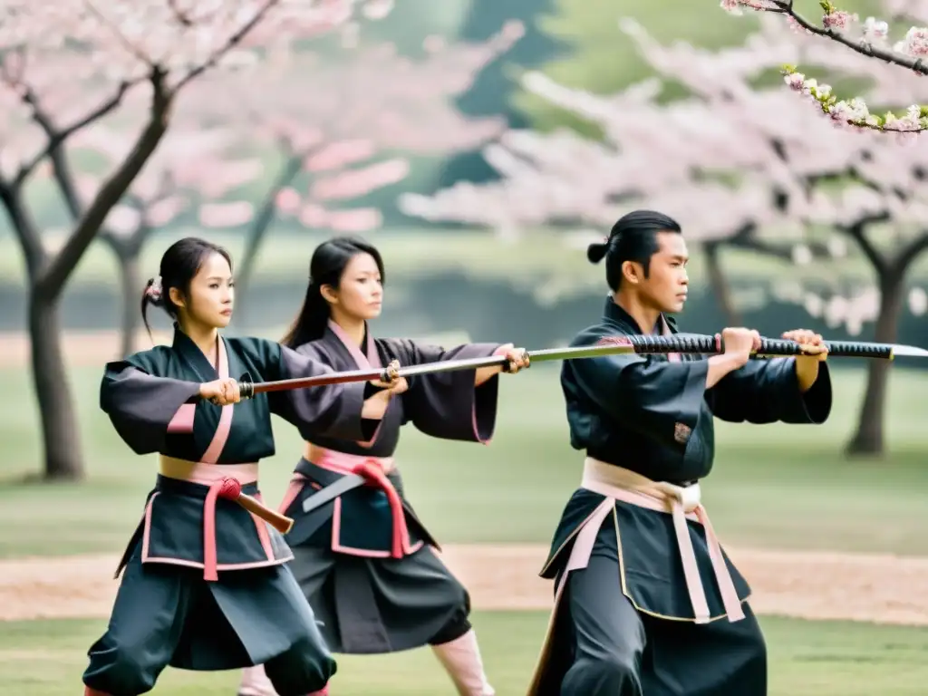 Un grupo de samuráis en formación, practicando artes marciales bajo los cerezos en flor