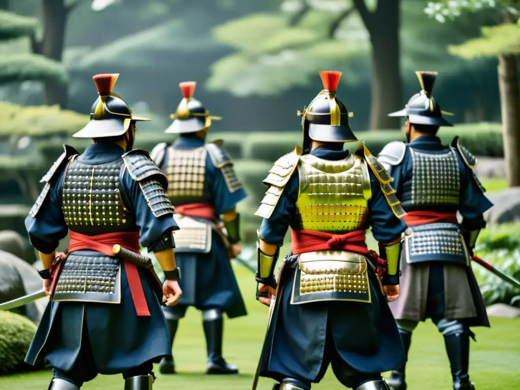 Un grupo de samuráis en formación, concentrados y poderosos en un jardín japonés neblinoso