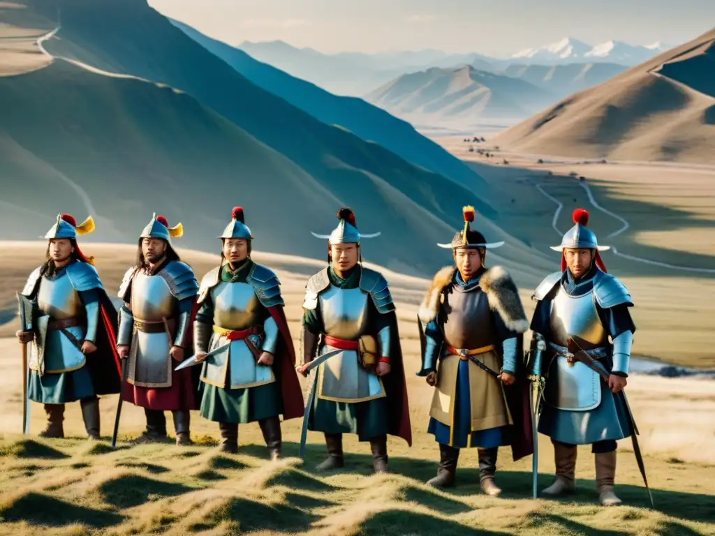 Un grupo de samuráis en formación defensiva en una colina, listos para enfrentar al imperio mongol