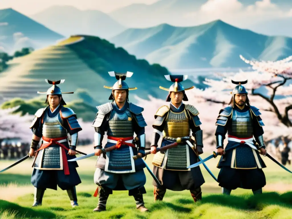 Grupo de samuráis en formación estratégica, listos para la batalla en el Japón feudal