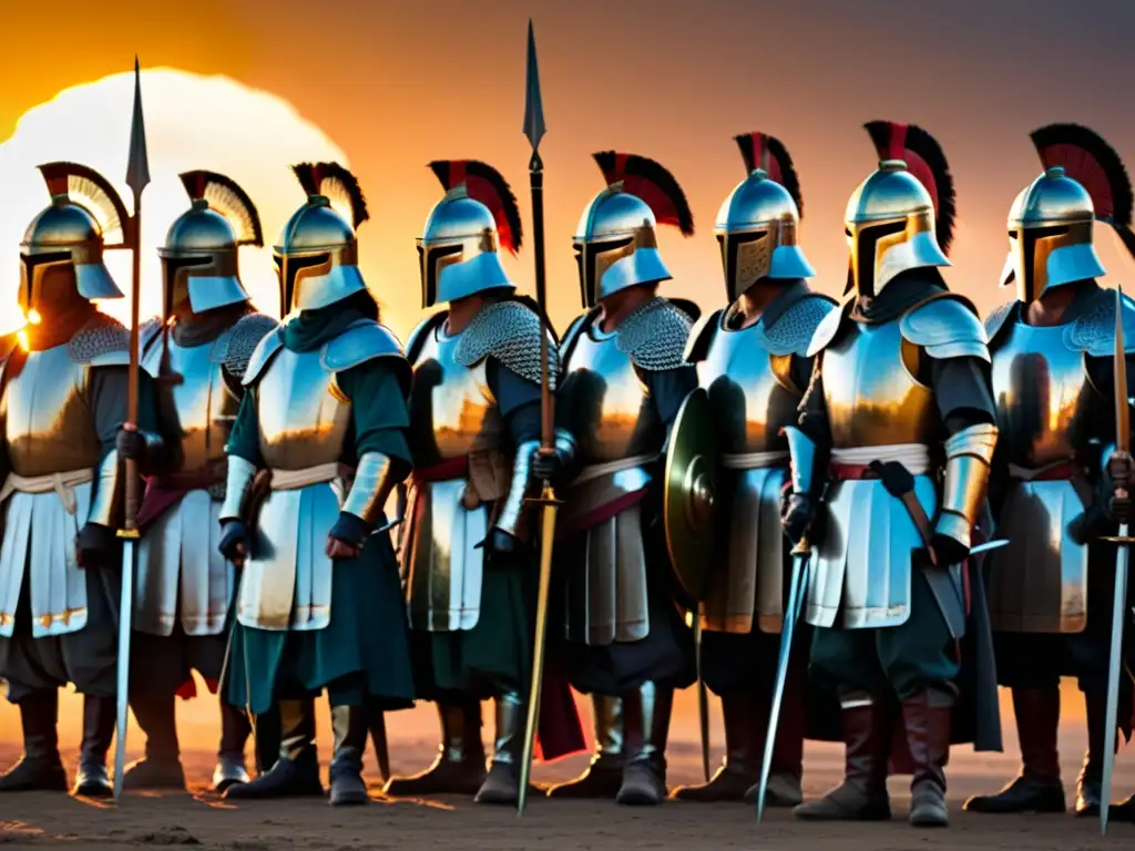 Un grupo de samuráis en formación, con la luz del atardecer detrás, preparándose para la confrontación