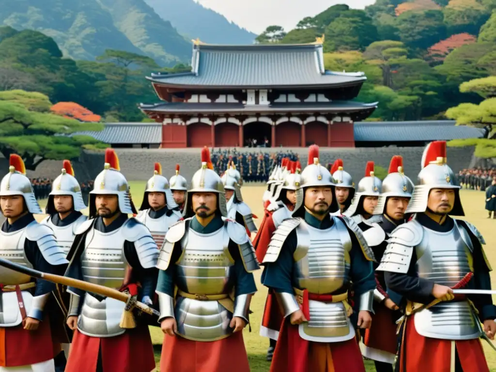 Un grupo de samuráis en formación frente a un castillo japonés, destacando la atmósfera histórica y cultural de la Insurrección GoDaigo