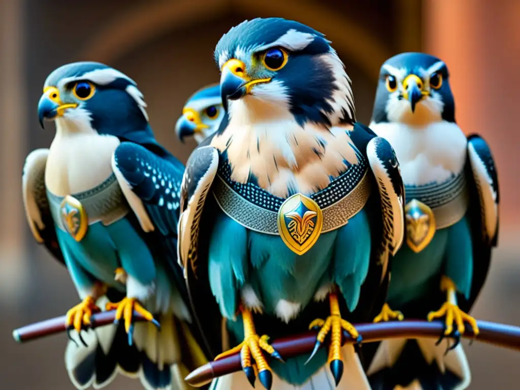 Grupo de samuráis con halcones, símbolos de poder y lealtad, en paisaje japonés sereno