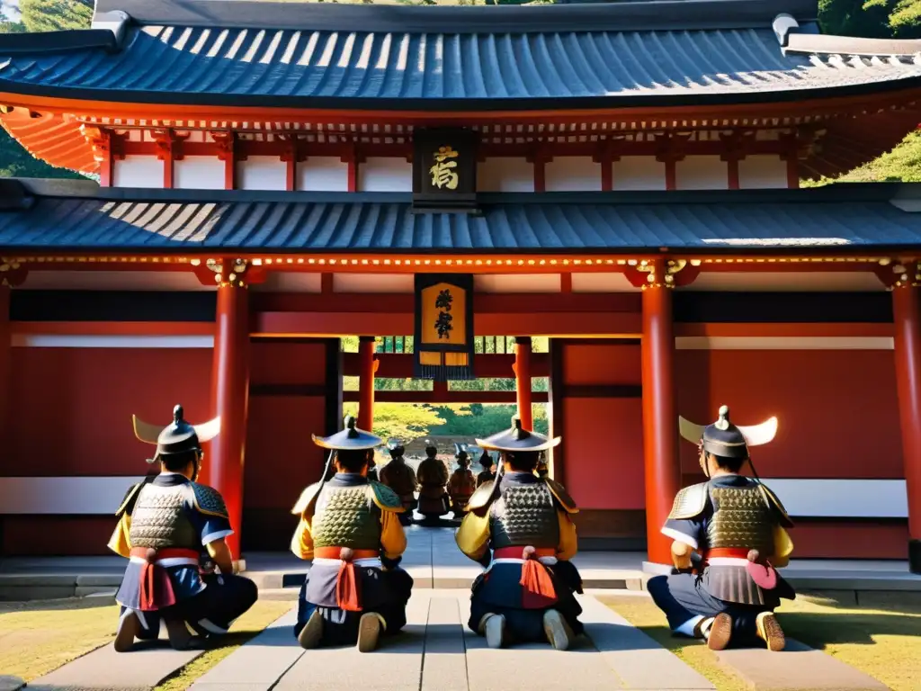 Grupo de samuráis rindiendo homenaje en un santuario shintoísta, reflejando la influencia del Shinto y Budismo en samurái