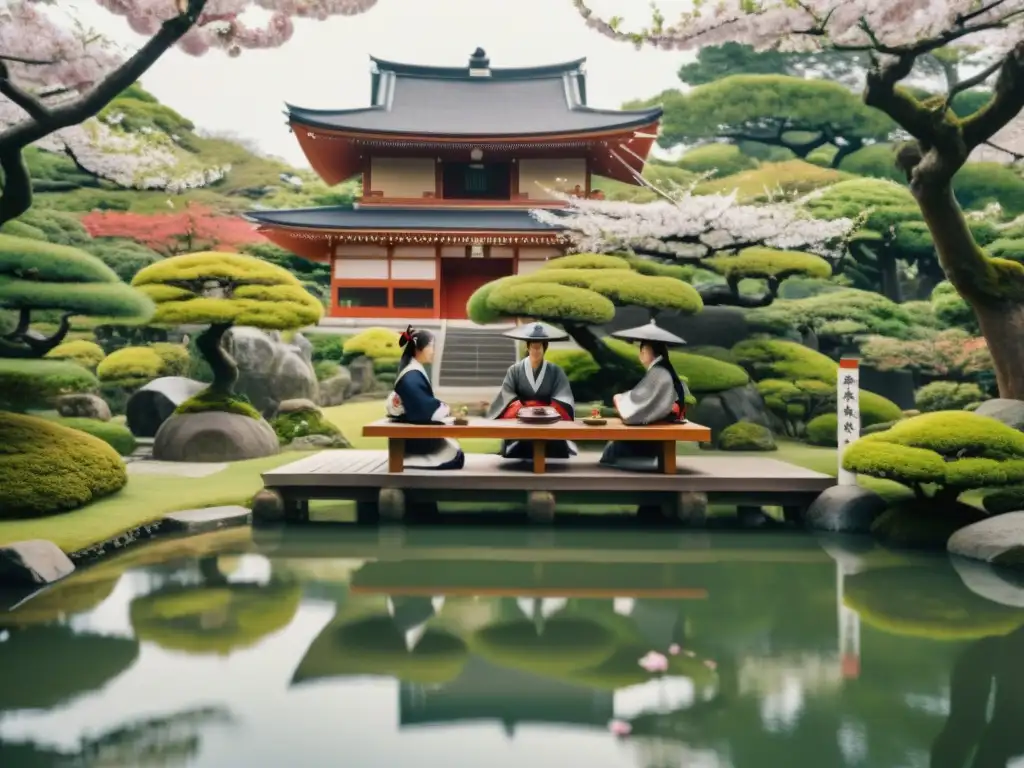 Grupo de samuráis inmersos en el análisis de la poesía Waka en un sereno jardín japonés con cerezos en flor