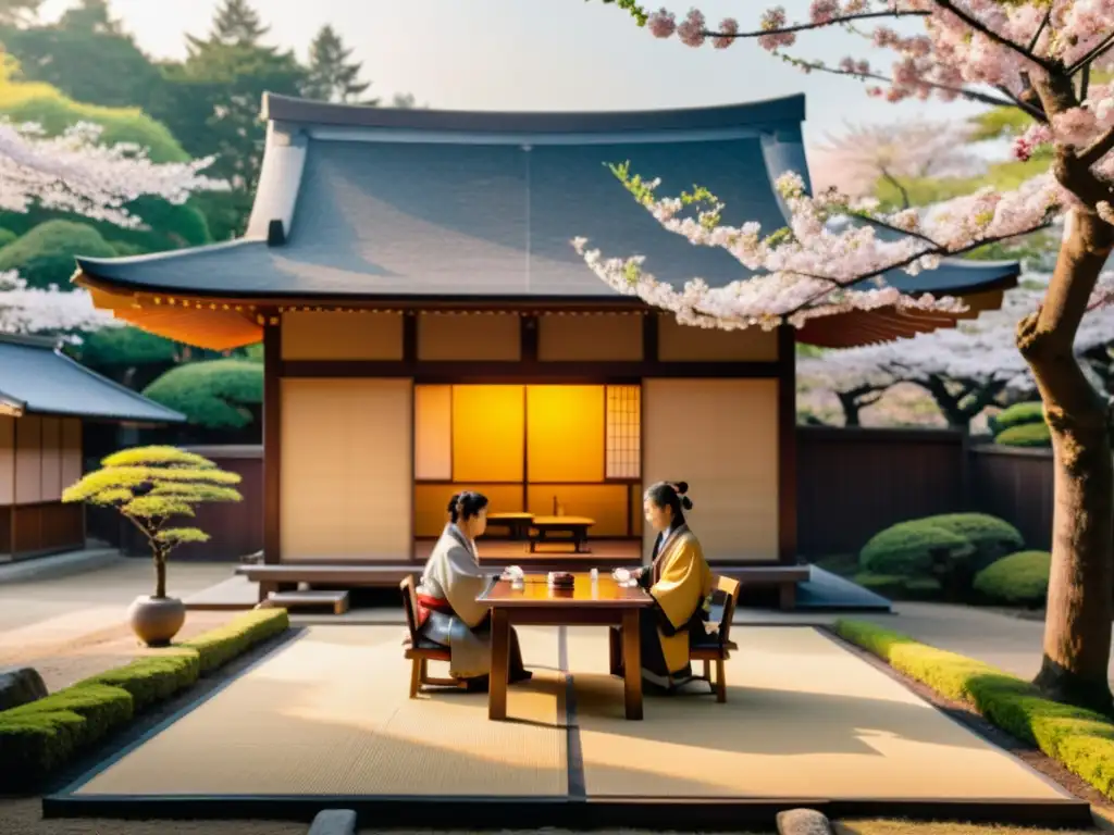 Un grupo de samuráis inmersos en una estratégica partida de shogi en una casa de té japonesa, rodeados de cerezos en flor al atardecer