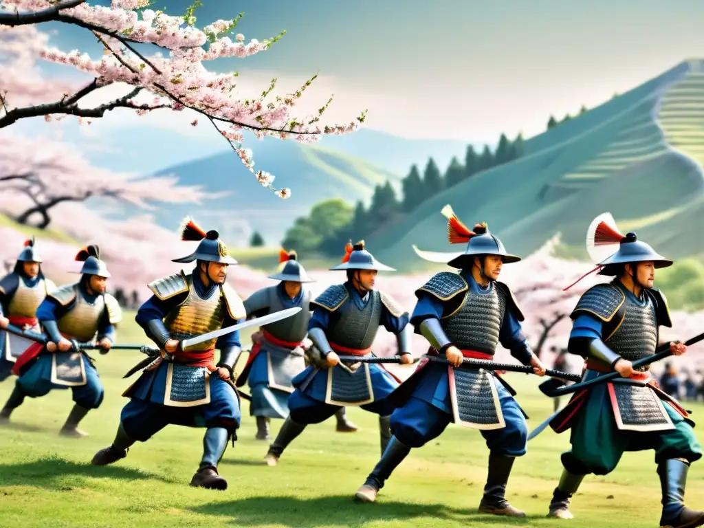 Grupo de samuráis en intensa batalla, rodeados de paisaje japonés