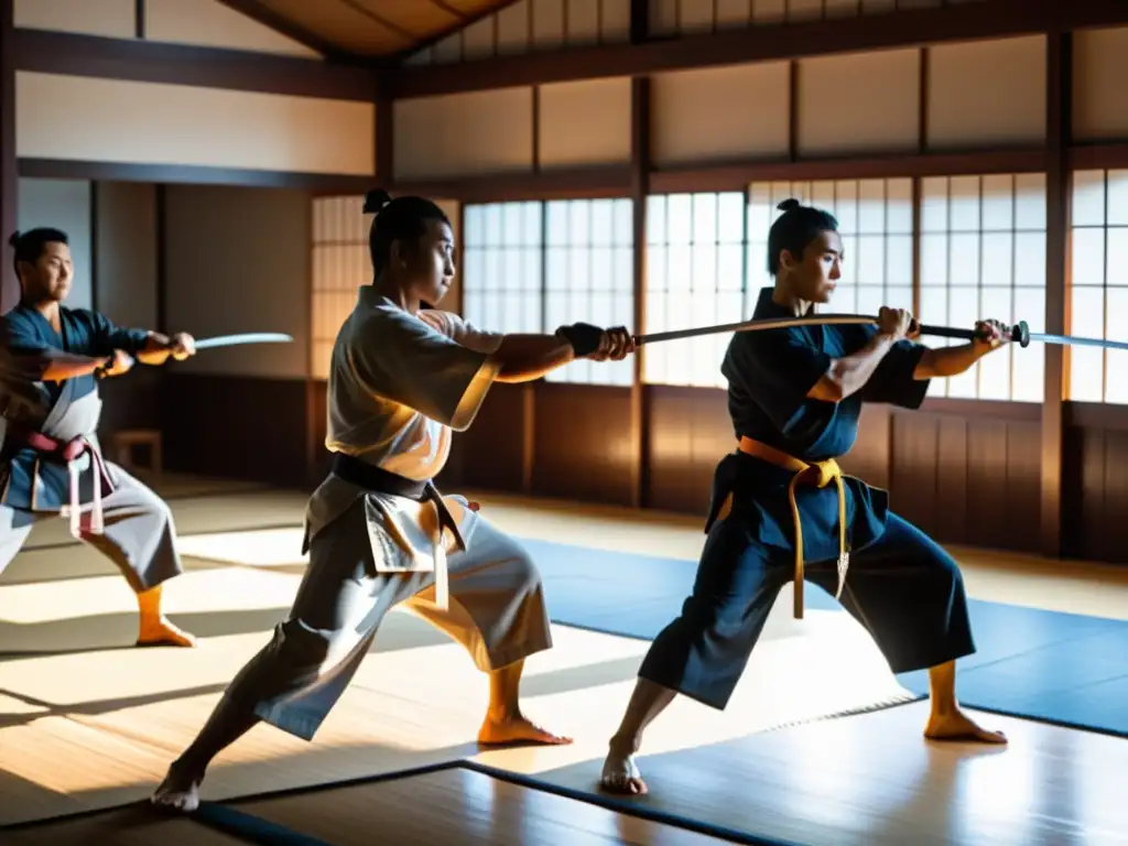 Grupo de samuráis en intenso entrenamiento físico en dojo japonés, mostrando disciplina y determinación