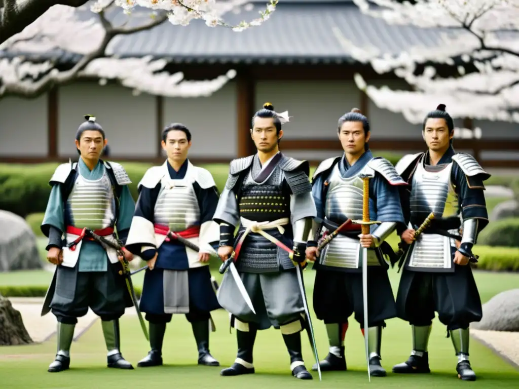 Un grupo de samuráis en un jardín japonés con cerezos en flor