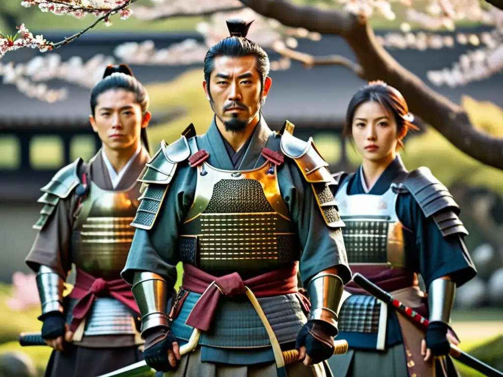 Ronin en el jardín japonés: Determinación y desgaste Un grupo de ronin, samuráis sin señor, en un jardín japonés, con determinación y desgaste