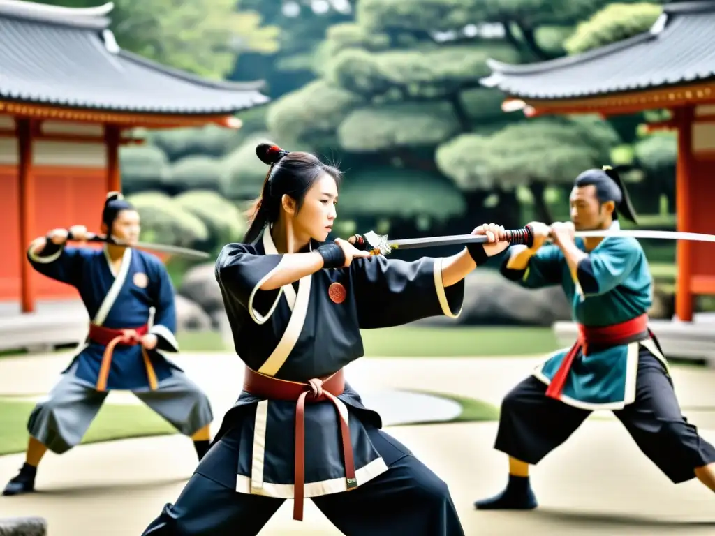 Un grupo de samuráis en un jardín japonés, entrenando con disciplina