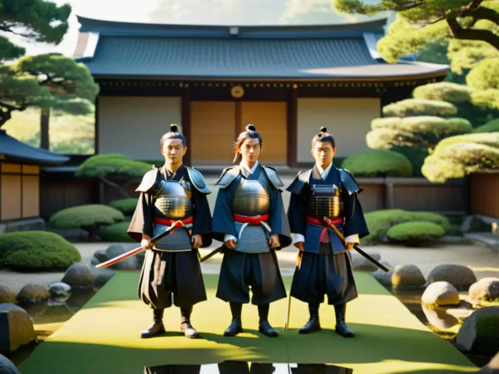 Grupo de samuráis en jardín japonés, reflexionando sobre la Rebelión Tenchūgumi Samurai Imperiales, con armaduras brillantes y cerezos en flor