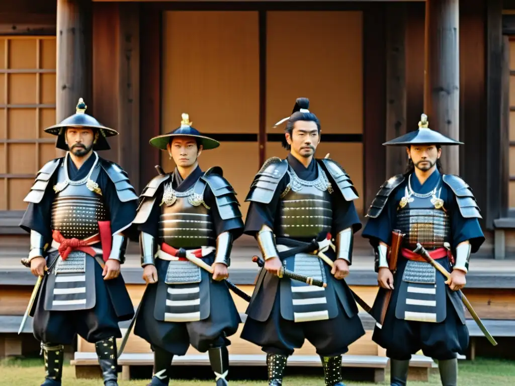 Un grupo de samuráis japoneses en armaduras tradicionales frente a un edificio de madera