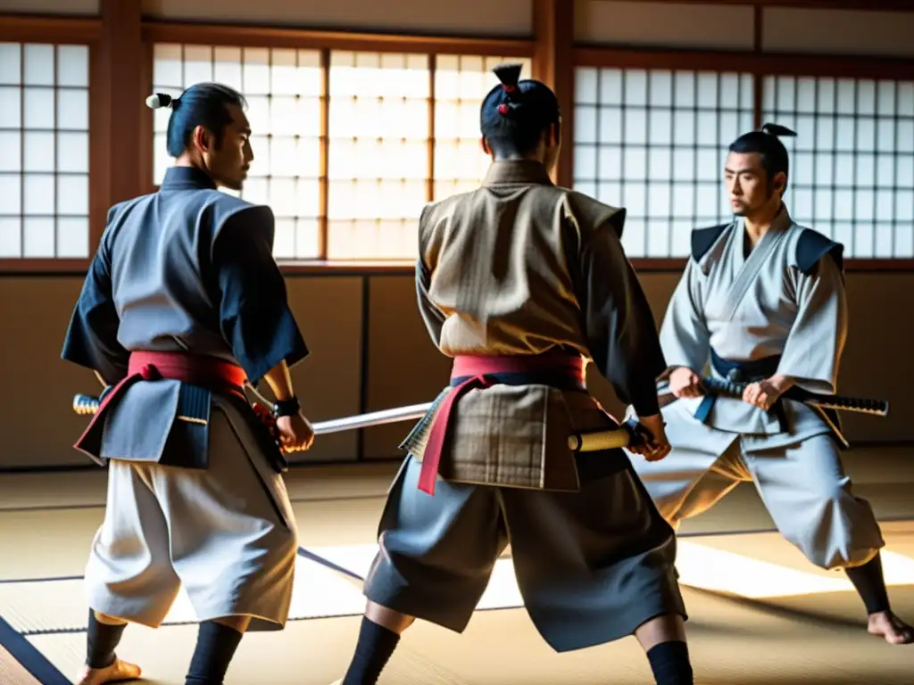 Un grupo de samuráis practicando jujutsu en un dojo tradicional, con el maestro demostrando técnicas de lucha samurái modernas