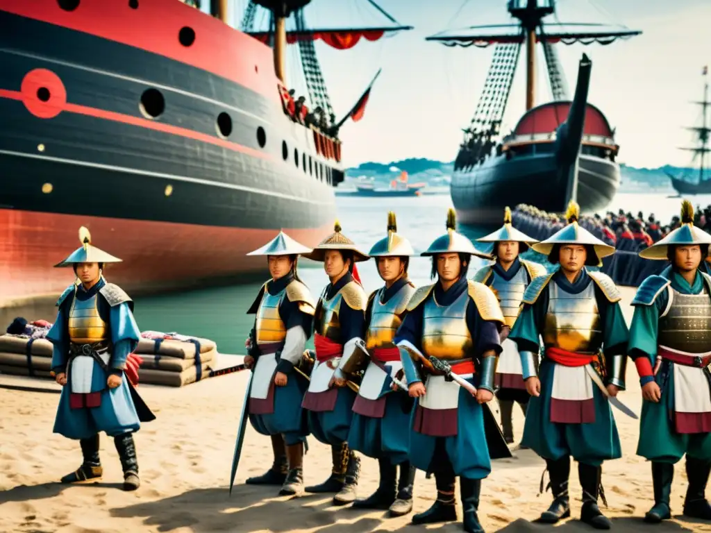 Un grupo de samuráis en formación con sus katanas desenvainadas, observando una nave holandesa descargando armas en un puerto japonés