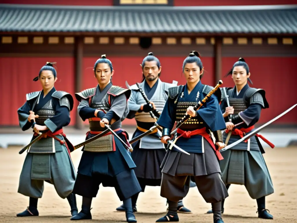 Grupo de samuráis practicando kenjutsu con influencia portuguesa en armaduras, fusionando artes marciales