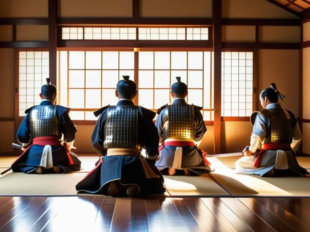 Grupo de samuráis practicando lanza samurái en un dojo tradicional durante el período Edo