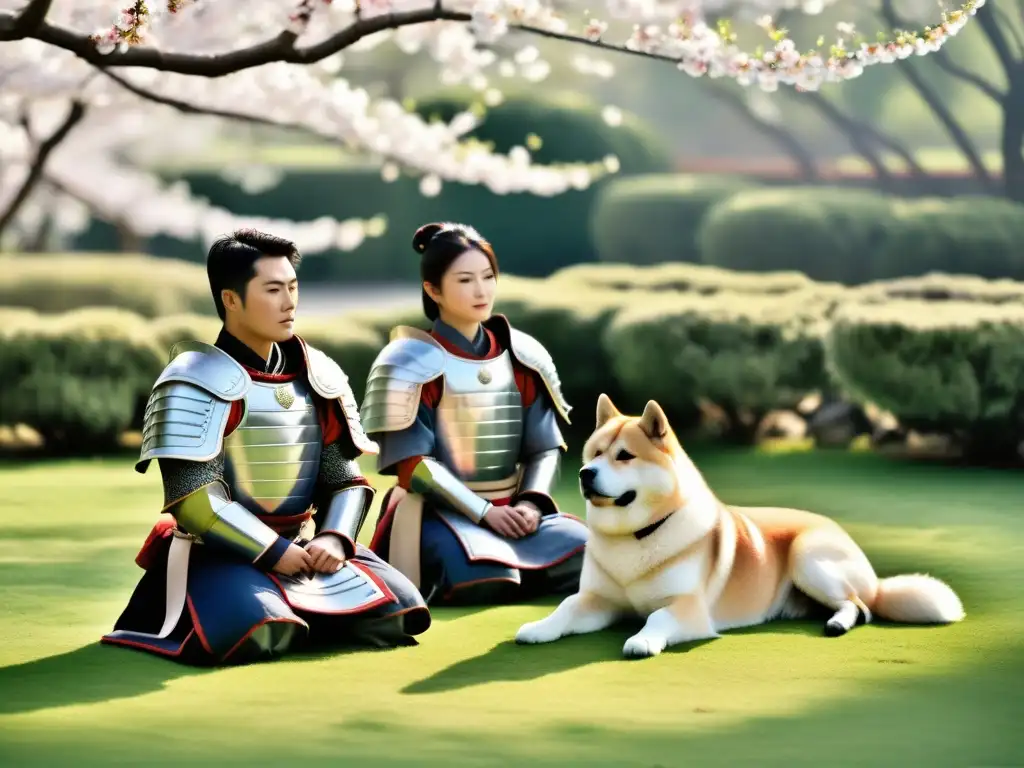 Grupo de samuráis y sus leales perros Akita en un jardín sereno, rodeados de sakuras