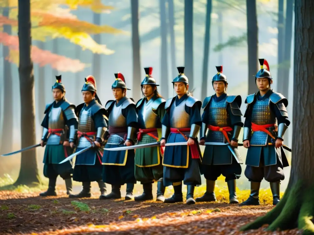 Un grupo de samuráis en formación, listos para la batalla en un bosque de colores otoñales