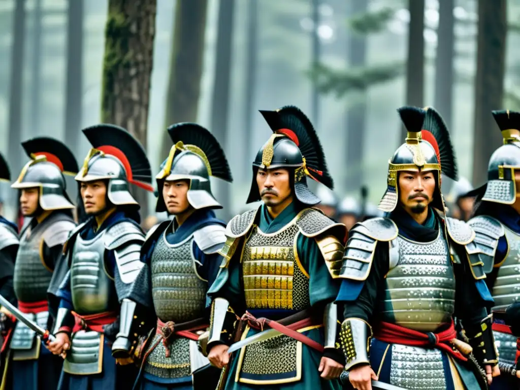 Grupo de samuráis en formación, listos para la rebelión Jōkyū samurái autoridad Shogun, en un bosque neblinoso