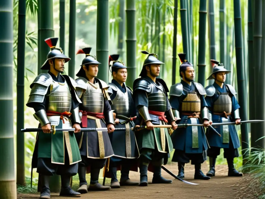 Un grupo de ronin, samuráis sin maestro, en armadura tradicional, se paran en un bosque de bambú