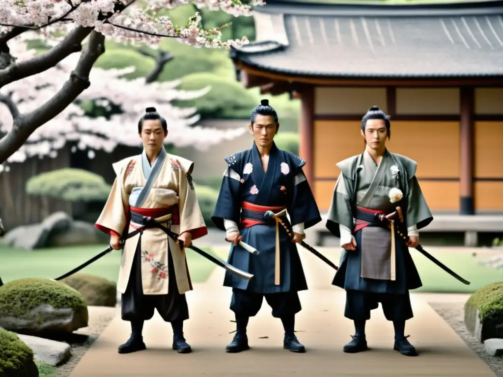 Un grupo de ronin, samuráis sin maestro, en un jardín japonés con cerezos en flor