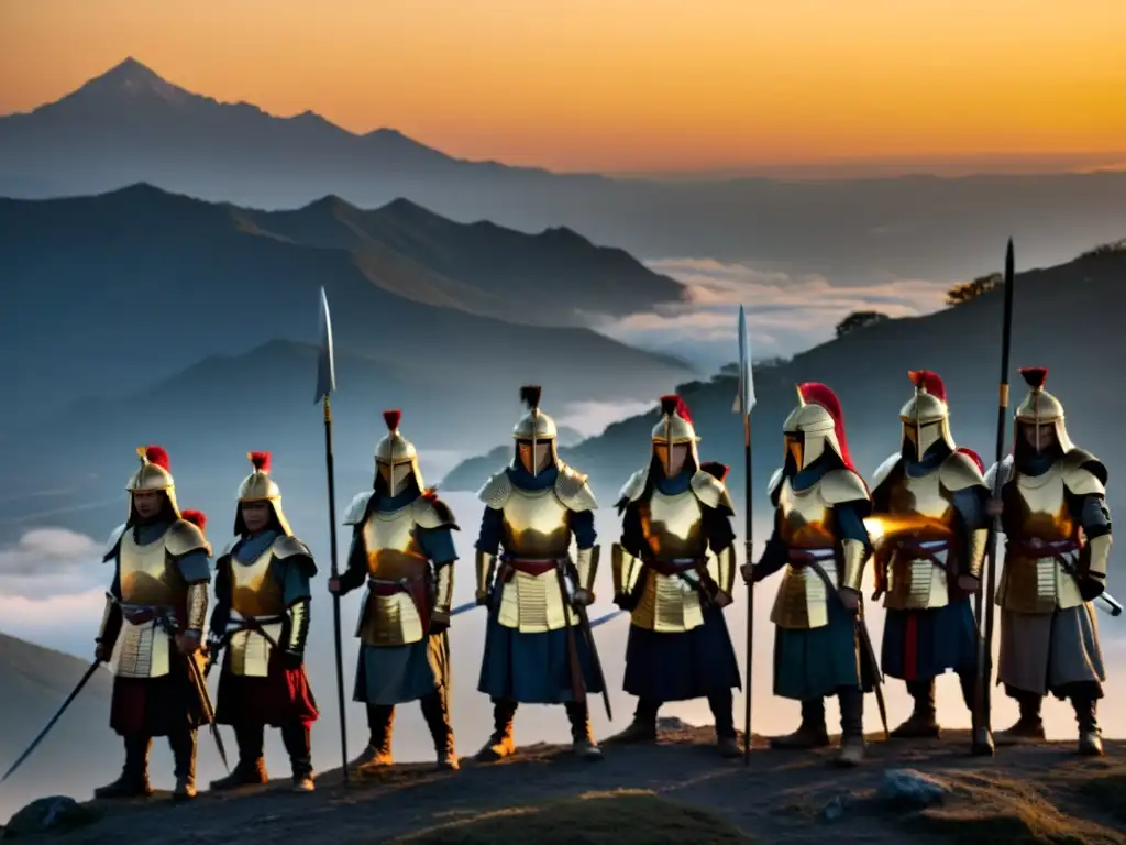 Minamoto samuráis: Preparados para la batalla al amanecer Un grupo de samuráis Minamoto en armadura tradicional, listos para la Rebelión Seiwa Genji al amanecer, emitiendo una determinación solemne